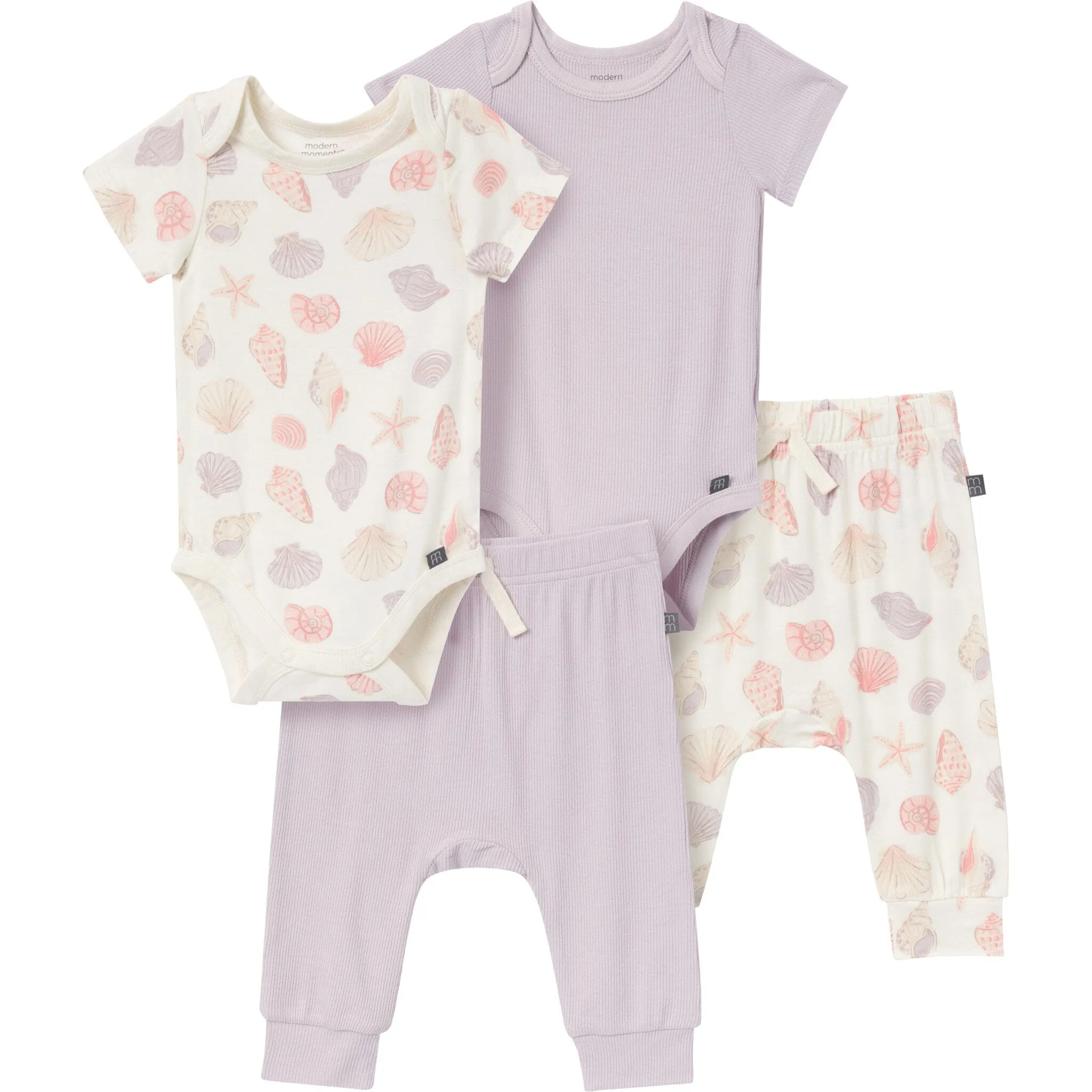 4-Piece Baby Girls Ivory Seashells Bodysuits and Pants Set