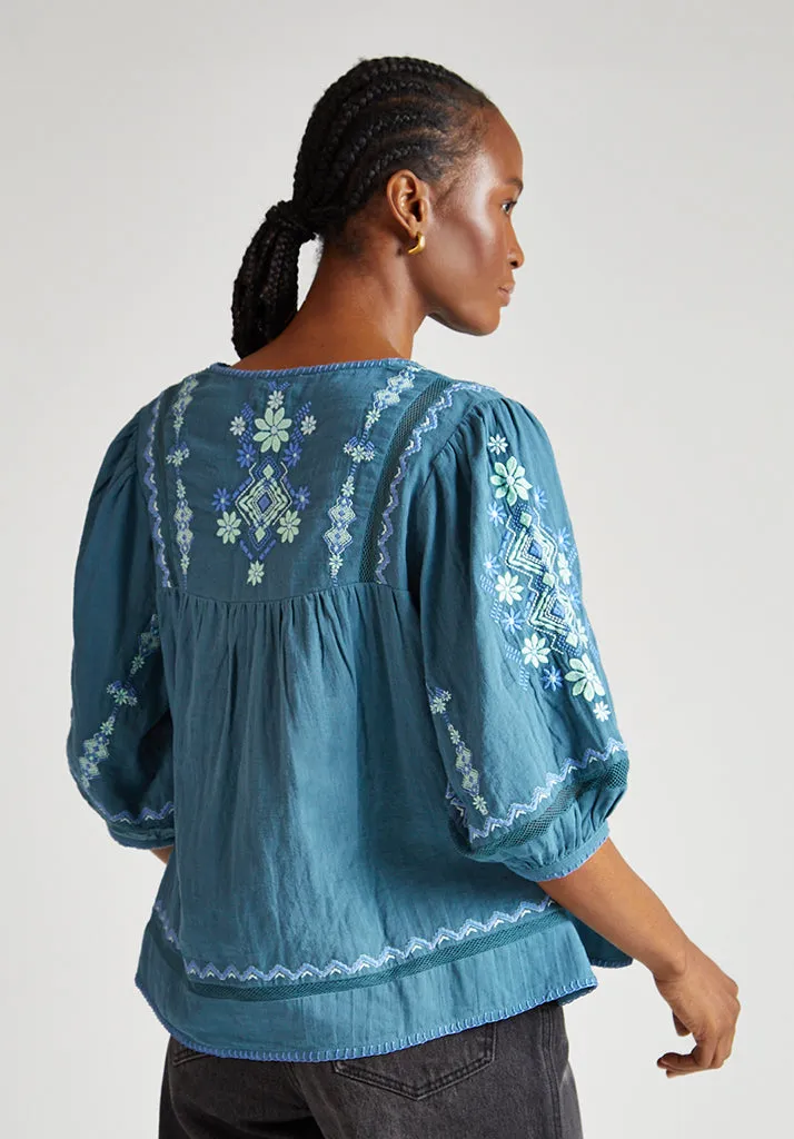 Alice V-Neck Embroidered Blouse In Blue