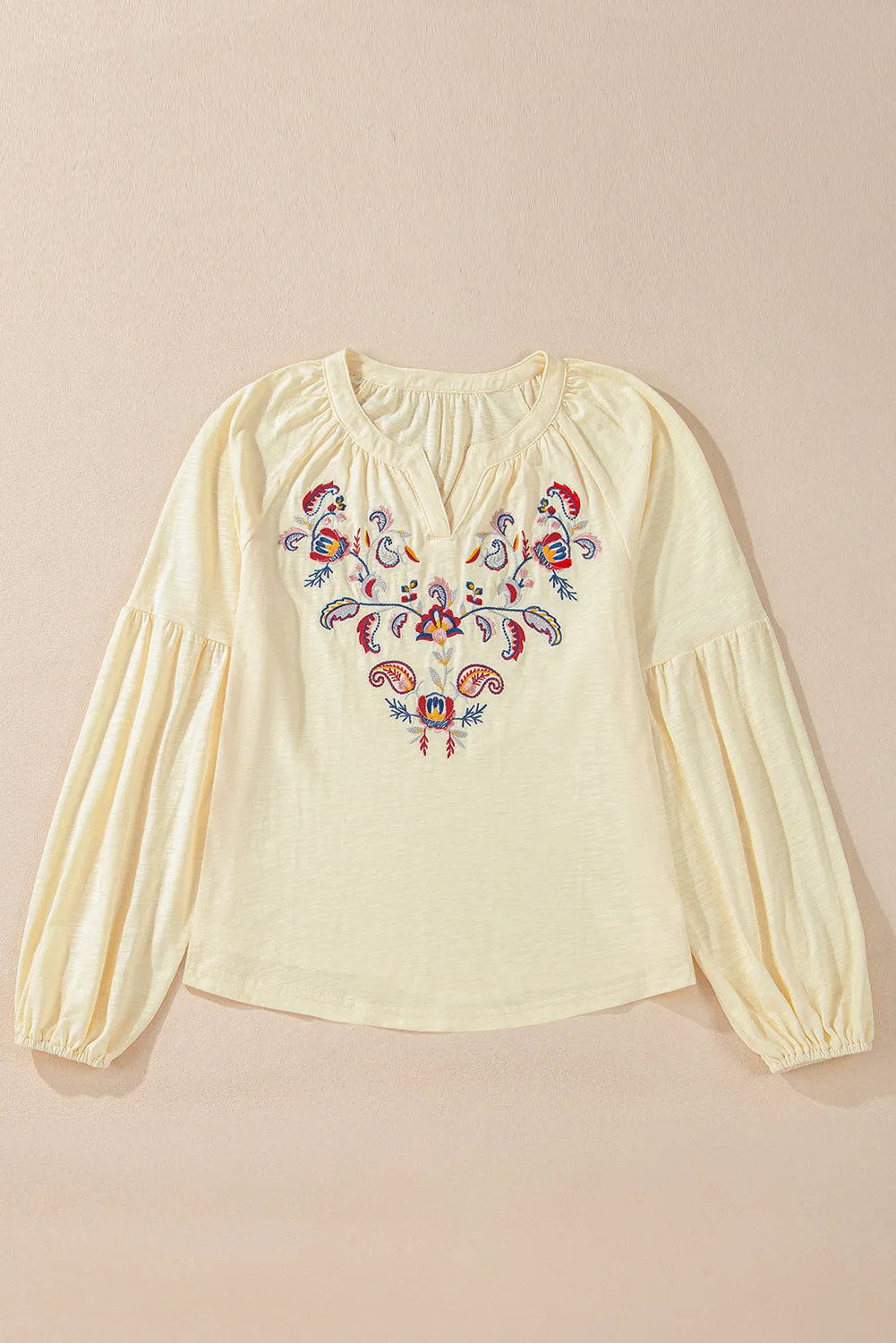 Apricot Paisley Floral Embroidered Notch V Neck Blouse