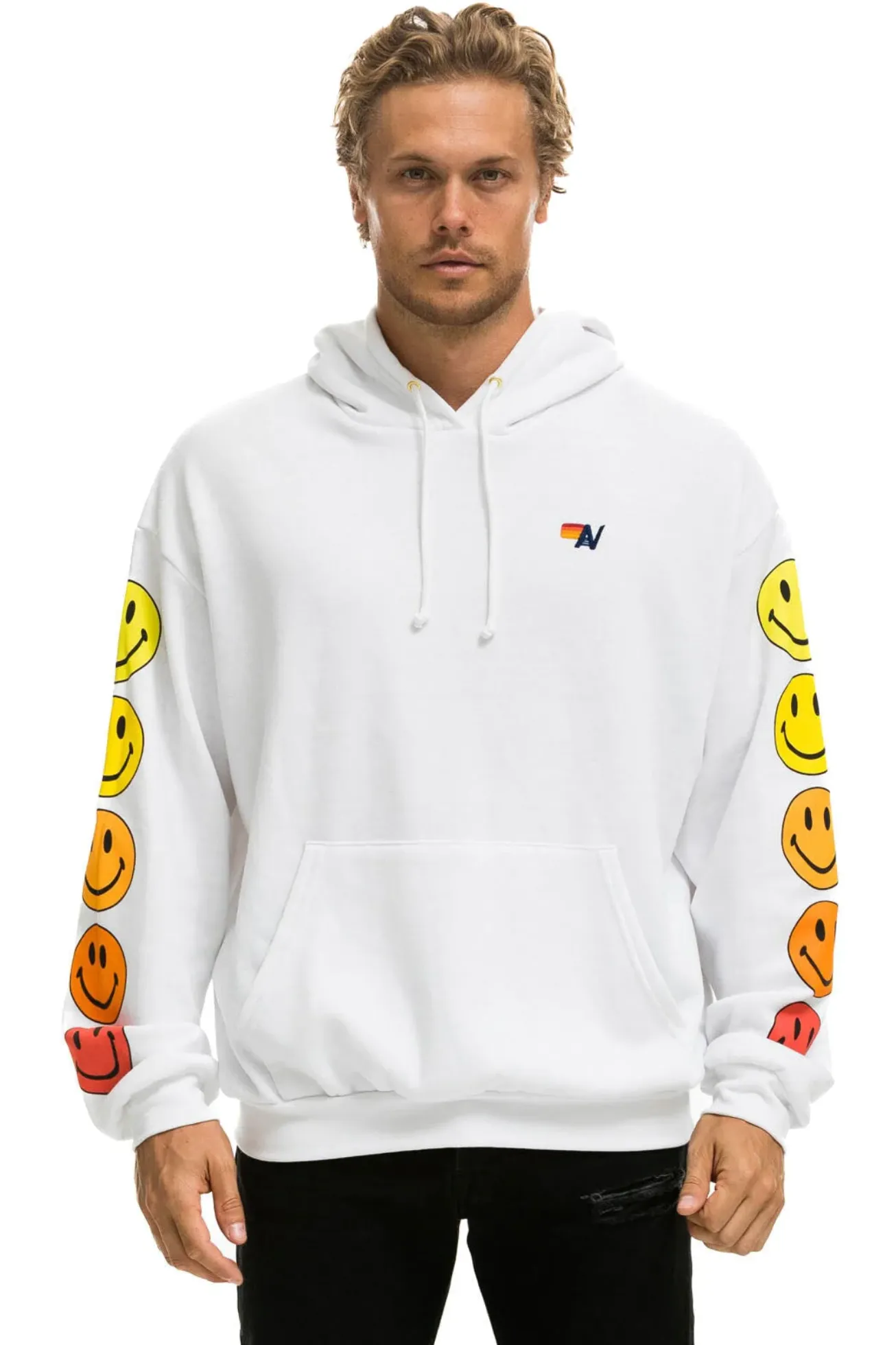 AVIATOR NATION SMILEY SUNSET UNISEX RELAXED PULLOVER HOODIE - WHITE