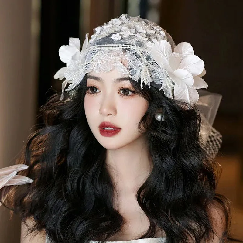 Beautiful White Lace Patchwork Pearl Floral Hat ZZ035