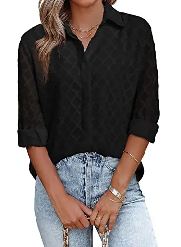 Black Sleeve Womens Button Down Shirts Long Sleeve V Neck Blouses Tops for Work - FARYSAYS