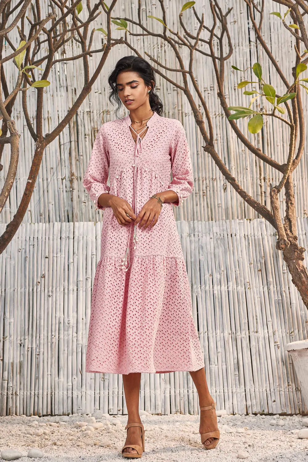 Breezy Cotton Cutwork Dress In Blush Pink