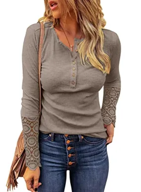 BTFBM Women Long Sleeve V Neck Button Up Solid Tops Blouses Trendy Slim Fit Lace Sleeves Ribbed Knit Casual Shirts Tunic(Lace Dark Khaki, Large)