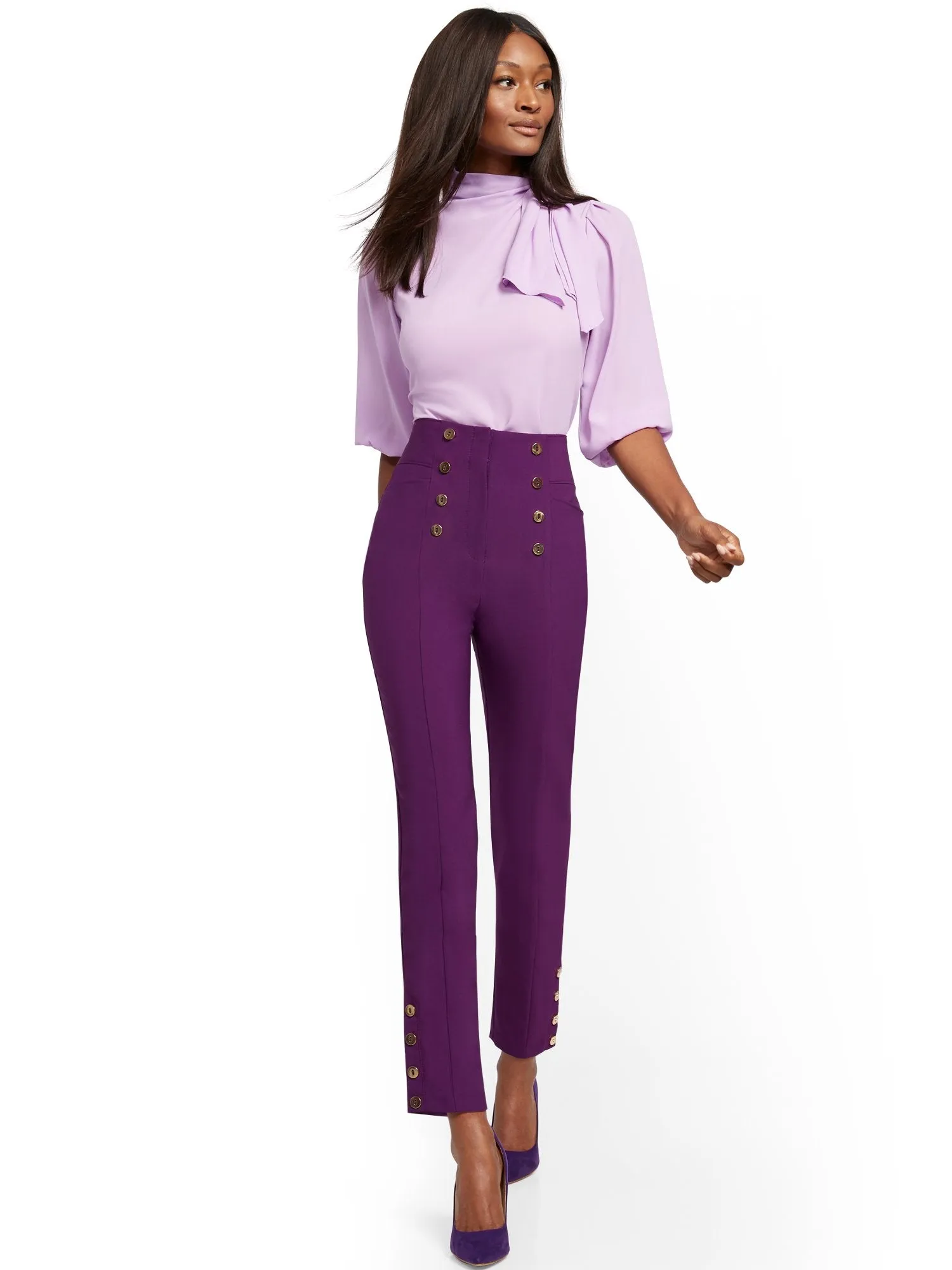 Button-Accent Straight Slim-Leg Ankle Pant - 7th Avenue