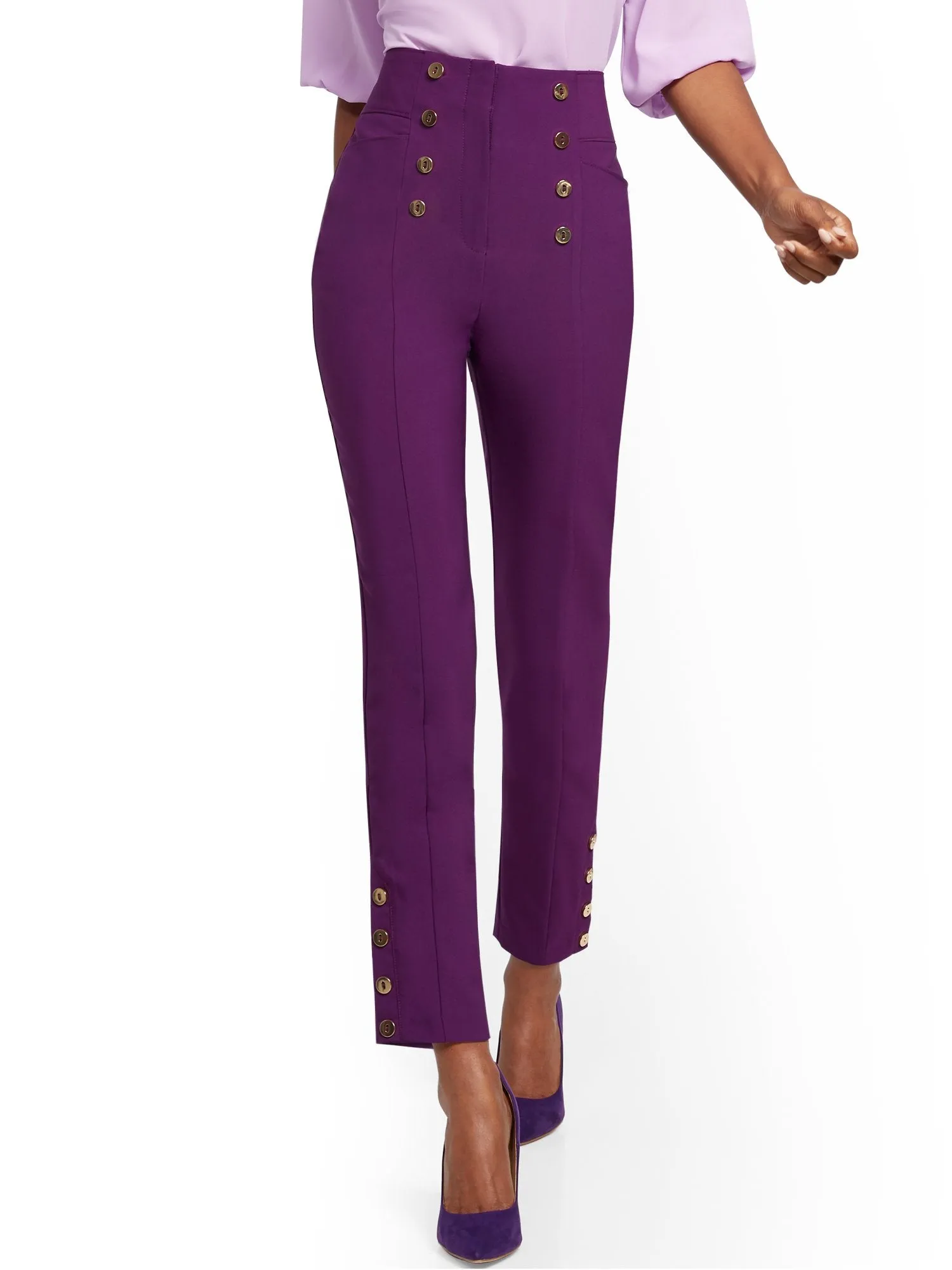 Button-Accent Straight Slim-Leg Ankle Pant - 7th Avenue