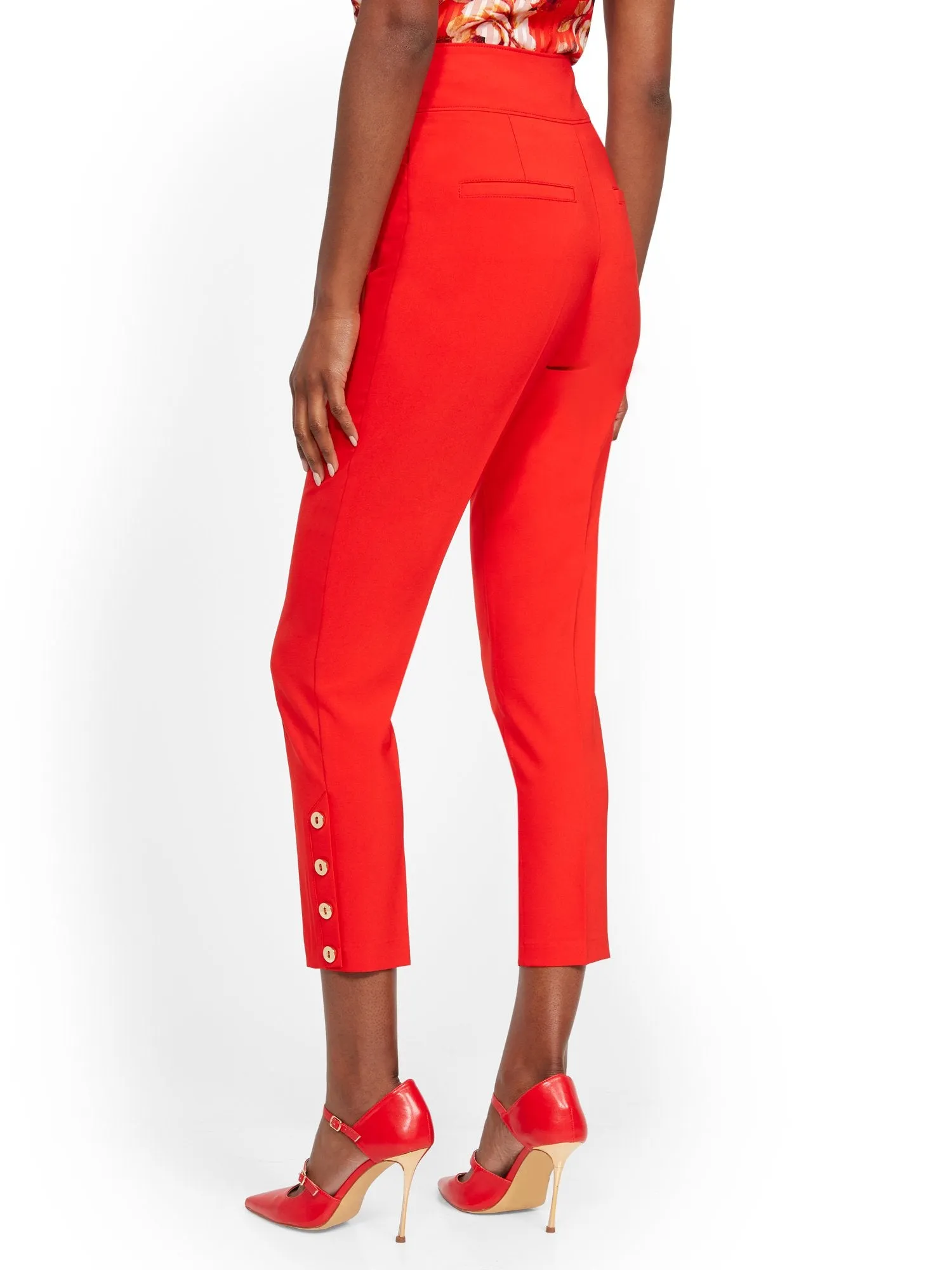 Button-Accent Straight Slim-Leg Ankle Pant - 7th Avenue