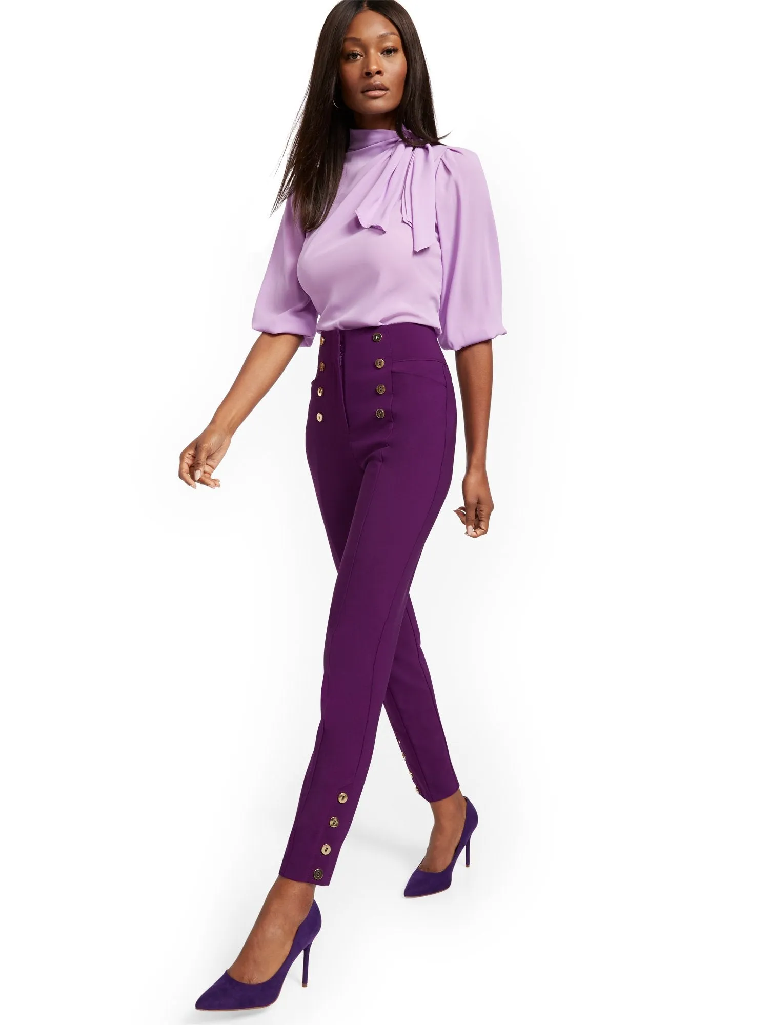 Button-Accent Straight Slim-Leg Ankle Pant - 7th Avenue