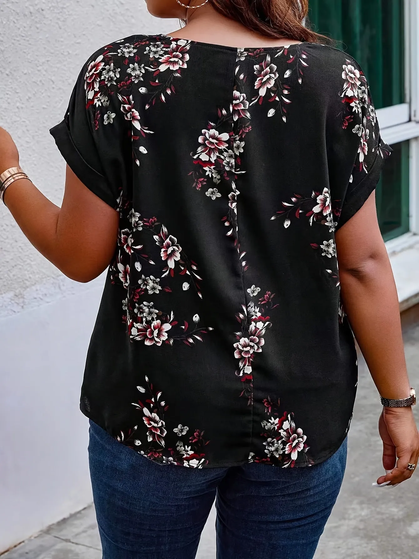 Charming Plus Size Floral Blouse with Notched Neckline - Flowy Batwing Sleeves for Spring & Summer - Vibrant Pattern, Feminine Style - Designed for Curvy Womens Fashion