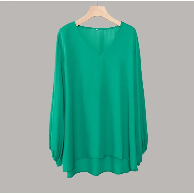 Chiffon Lantern Sleeve Elegant Blouse V Neck Solid Loose