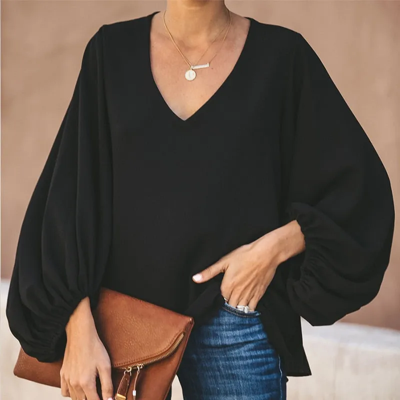 Chiffon Lantern Sleeve Elegant Blouse V Neck Solid Loose