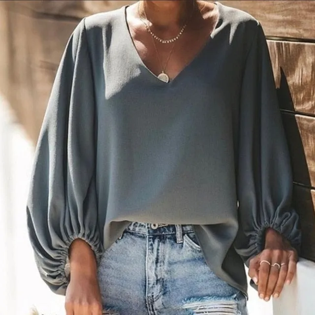 Chiffon Lantern Sleeve Elegant Blouse V Neck Solid Loose