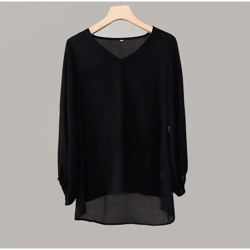 Chiffon Lantern Sleeve Elegant Blouse V Neck Solid Loose