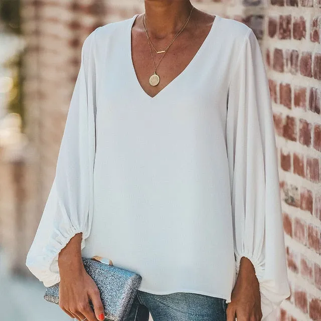 Chiffon Lantern Sleeve Elegant Blouse V Neck Solid Loose