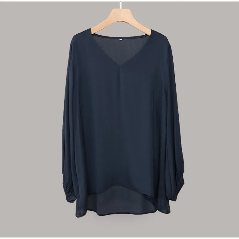 Chiffon Lantern Sleeve Elegant Blouse V Neck Solid Loose