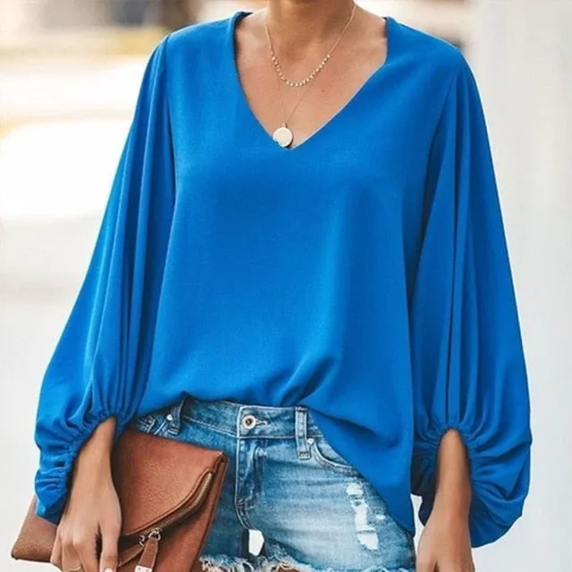 Chiffon Lantern Sleeve Elegant Blouse V Neck Solid Loose