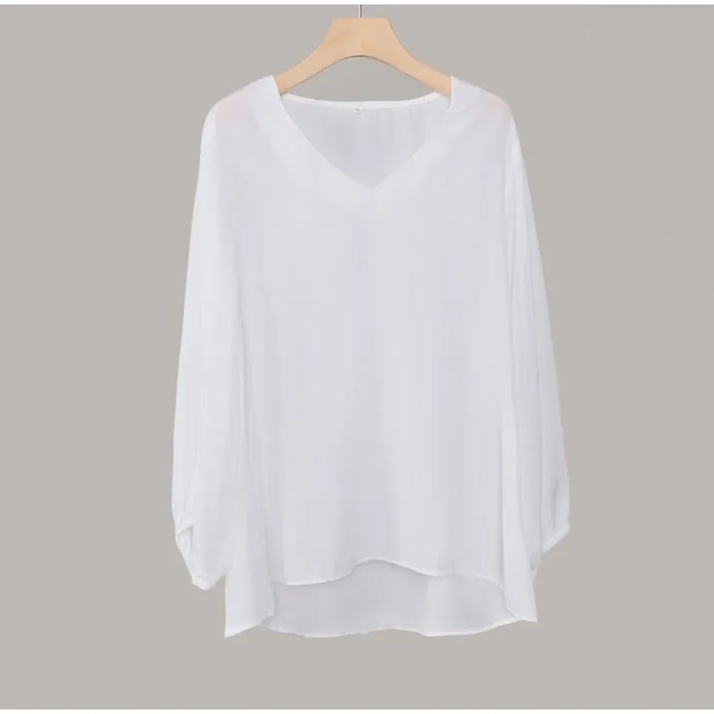 Chiffon Lantern Sleeve Elegant Blouse V Neck Solid Loose