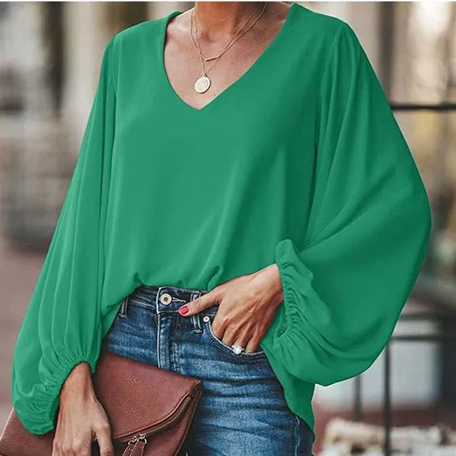 Chiffon Lantern Sleeve Elegant Blouse V Neck Solid Loose