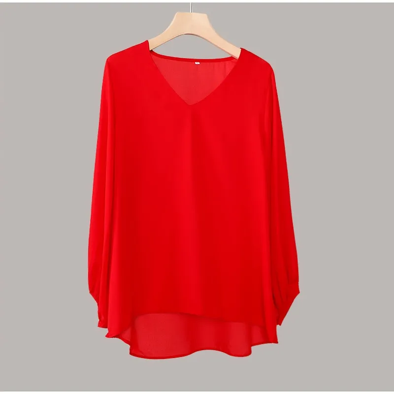 Chiffon Lantern Sleeve Elegant Blouse V Neck Solid Loose