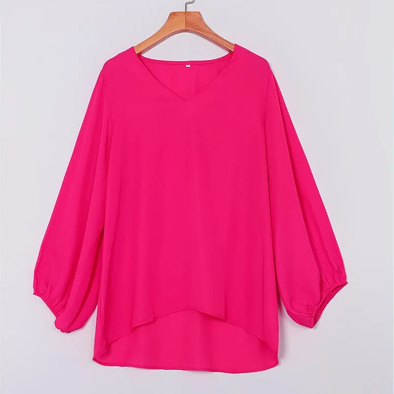 Chiffon Lantern Sleeve Elegant Blouse V Neck Solid Loose