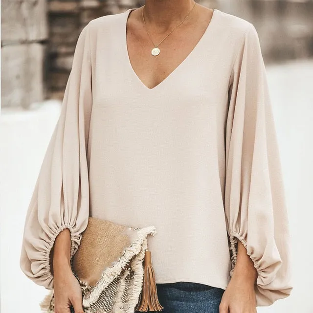 Chiffon Lantern Sleeve Elegant Blouse V Neck Solid Loose