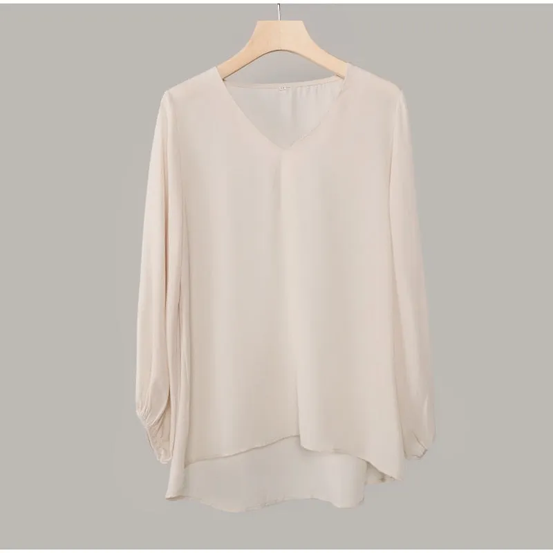 Chiffon Lantern Sleeve Elegant Blouse V Neck Solid Loose