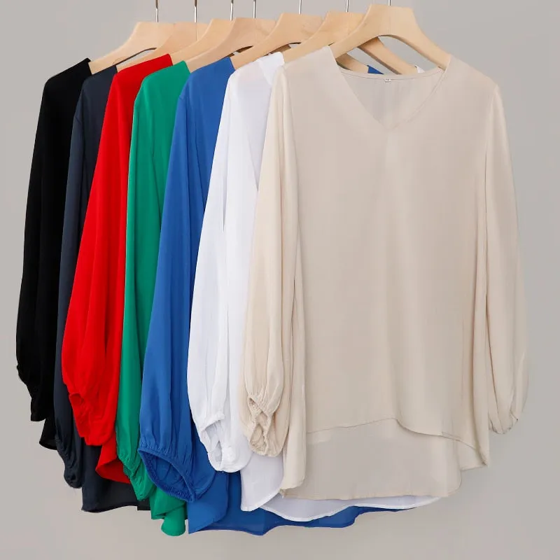 Chiffon Lantern Sleeve Elegant Blouse V Neck Solid Loose