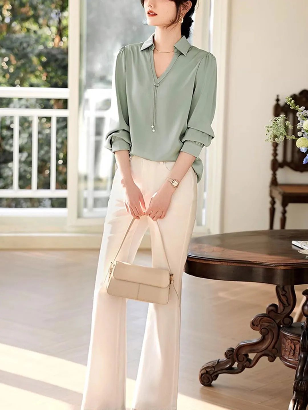 Claire Elegant V-Neck Satin Shirt