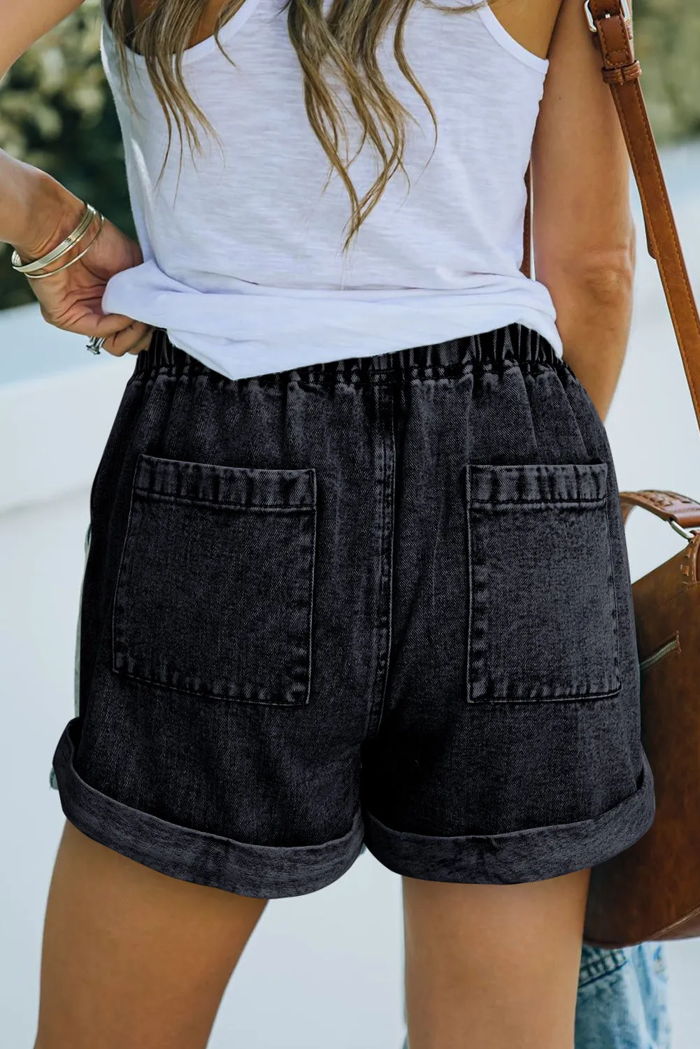 Classic Pocketed Drawstring High Waist Denim Shorts