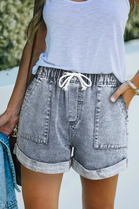 Classic Pocketed Drawstring High Waist Denim Shorts