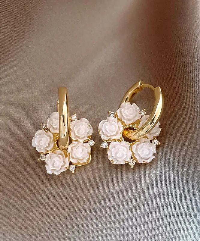 Classy White Copper Alloy Camellia Hoop Earrings WH036