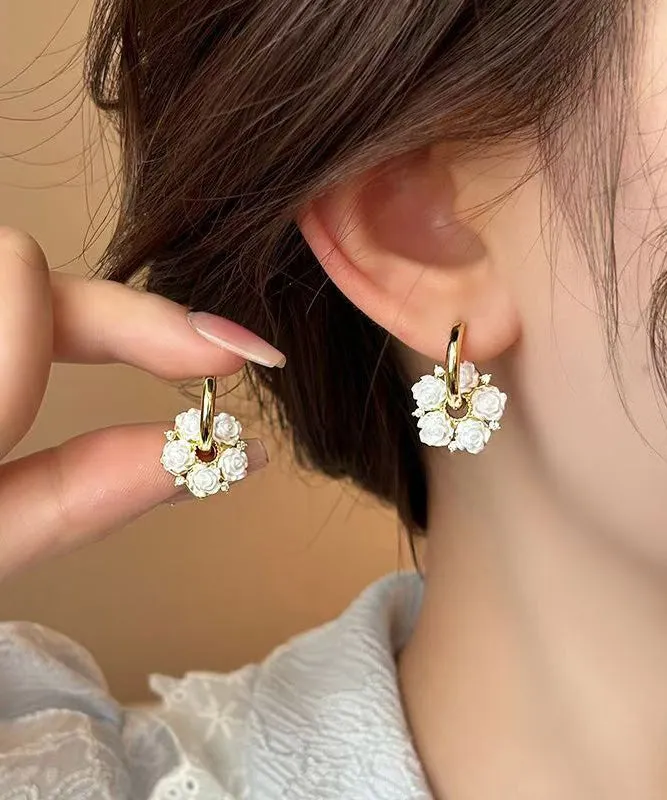 Classy White Copper Alloy Camellia Hoop Earrings WH036