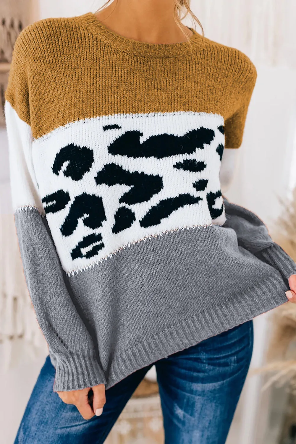 Color Block Leopard Splicing Sweater