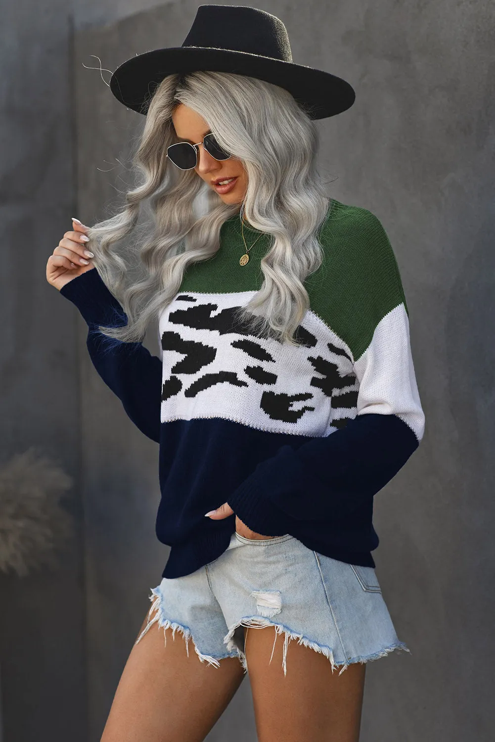 Color Block Leopard Splicing Sweater