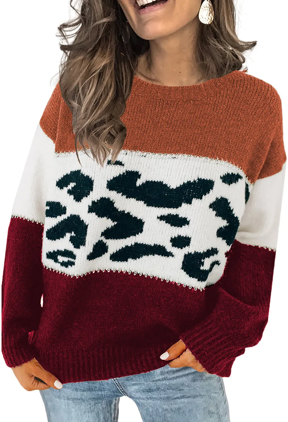 Color Block Leopard Splicing Sweater