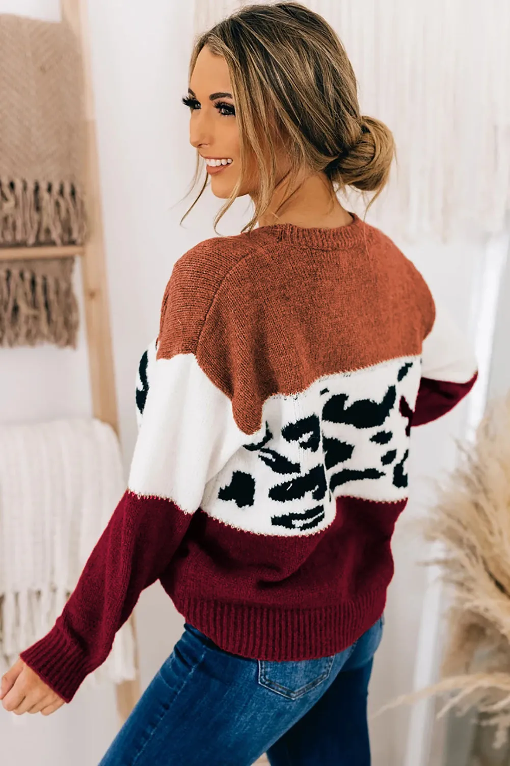 Color Block Leopard Splicing Sweater