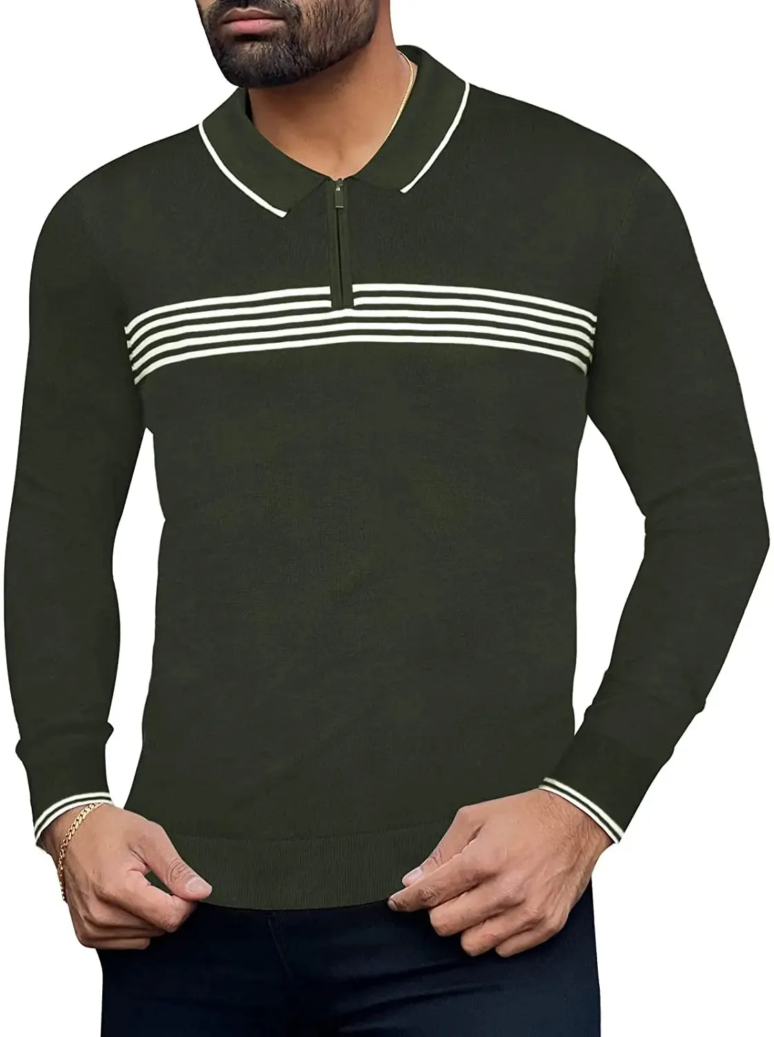 Cotton-Polo Golf-Casual Knit-Slim-Fit Pullover-Shirts - Long-Sleeve Lightweight