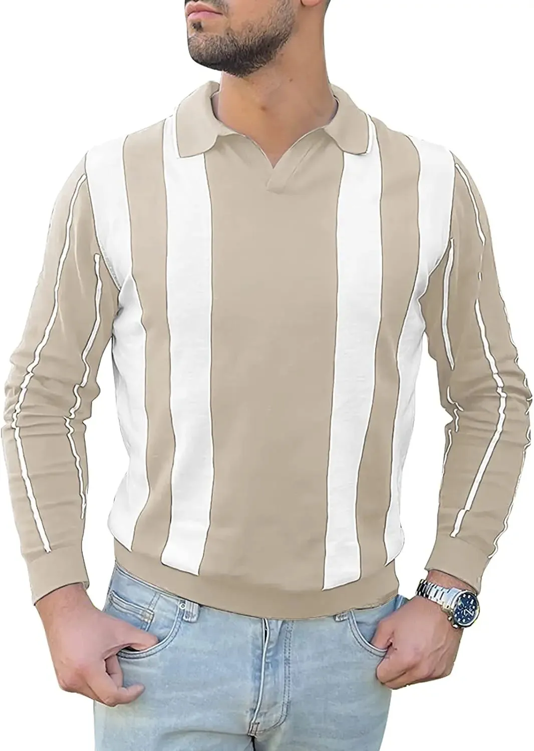 Cotton-Polo Golf-Casual Knit-Slim-Fit Pullover-Shirts - Long-Sleeve Lightweight