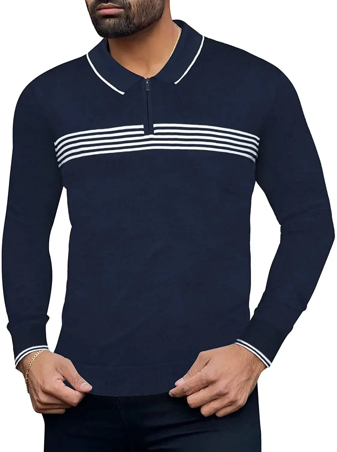 Cotton-Polo Golf-Casual Knit-Slim-Fit Pullover-Shirts - Long-Sleeve Lightweight