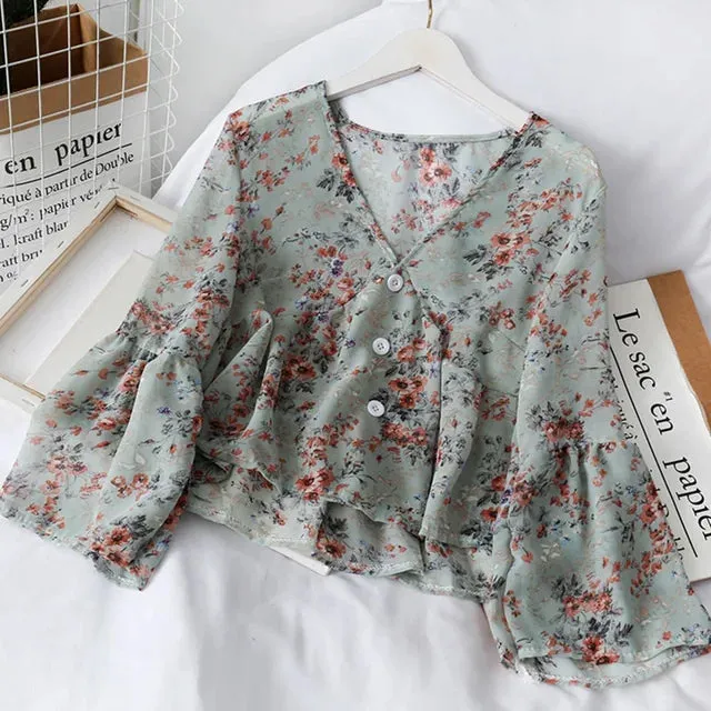 Delicate Floral Print Chiffon Blouse for Women