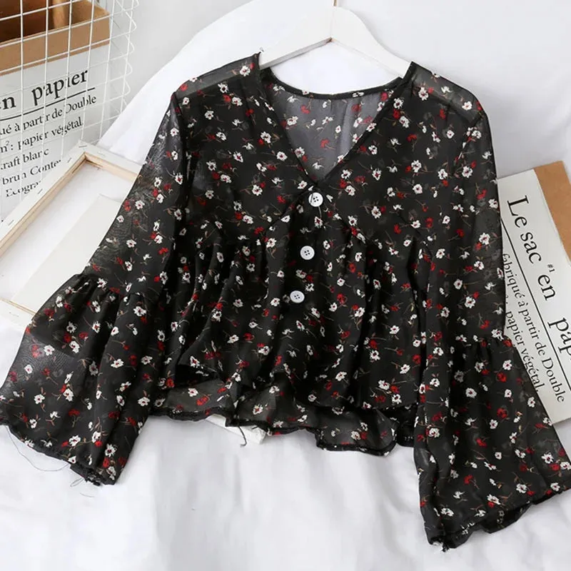 Delicate Floral Print Chiffon Blouse for Women