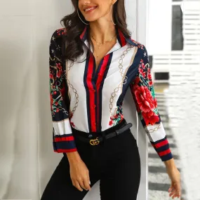 Designer Chic Happy Elegant Women Floral & Chains Print Casual Blouse  Shirts Bohemian Streetwear