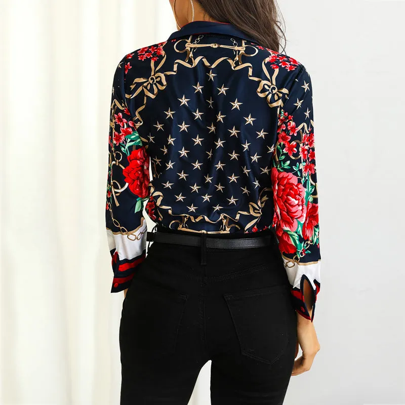 Designer Chic Happy Elegant Women Floral & Chains Print Casual Blouse  Shirts Bohemian Streetwear