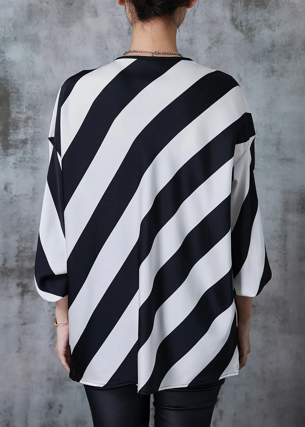 Elegant Black White Striped Oversized Chiffon Shirts Spring