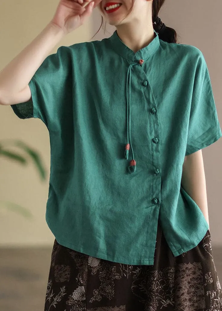 Elegant Green Stand Collar Tassel Asymmetrical Design Linen Shirts Short Sleeve