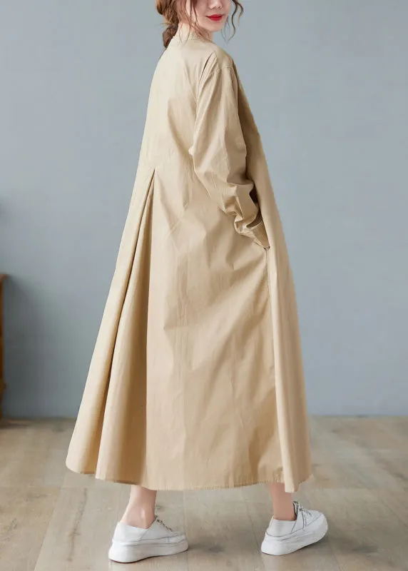 Elegant Khaki O-Neck Button Cotton Long Shirts Dress Long Sleeve AC2055