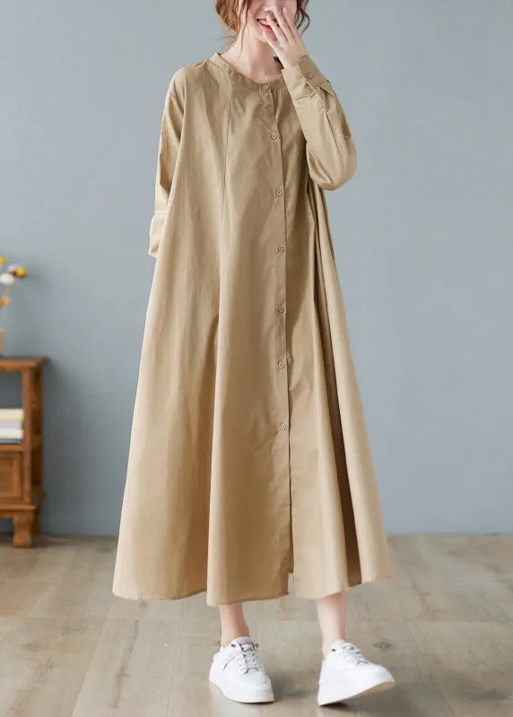 Elegant Khaki O-Neck Button Cotton Long Shirts Dress Long Sleeve AC2055