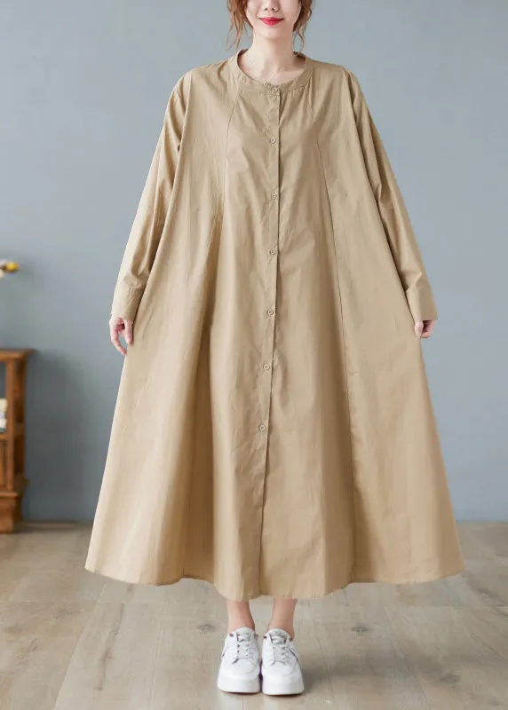 Elegant Khaki O-Neck Button Cotton Long Shirts Dress Long Sleeve AC2055