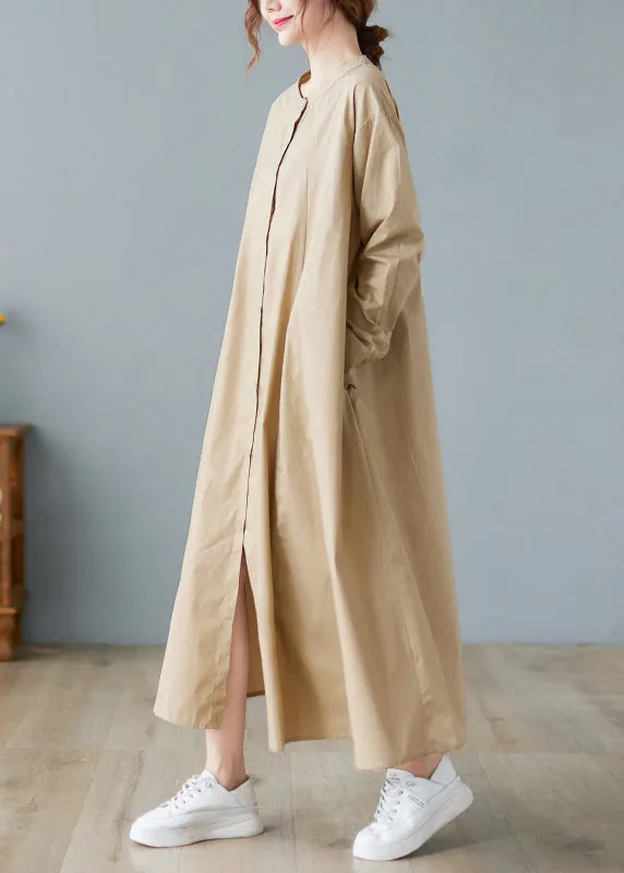 Elegant Khaki O-Neck Button Cotton Long Shirts Dress Long Sleeve AC2055