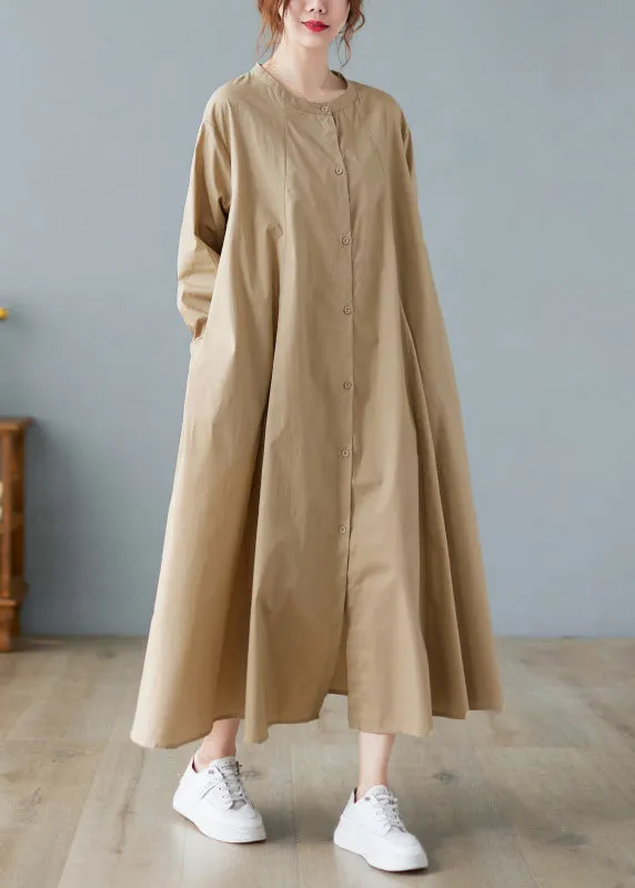 Elegant Khaki O-Neck Button Cotton Long Shirts Dress Long Sleeve AC2055